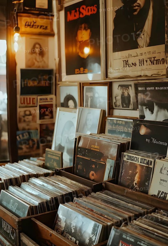 Vintage record store with dusty vinyl albums in wooden crates, old band posters on the walls, and soft, muted lighting, AI generated