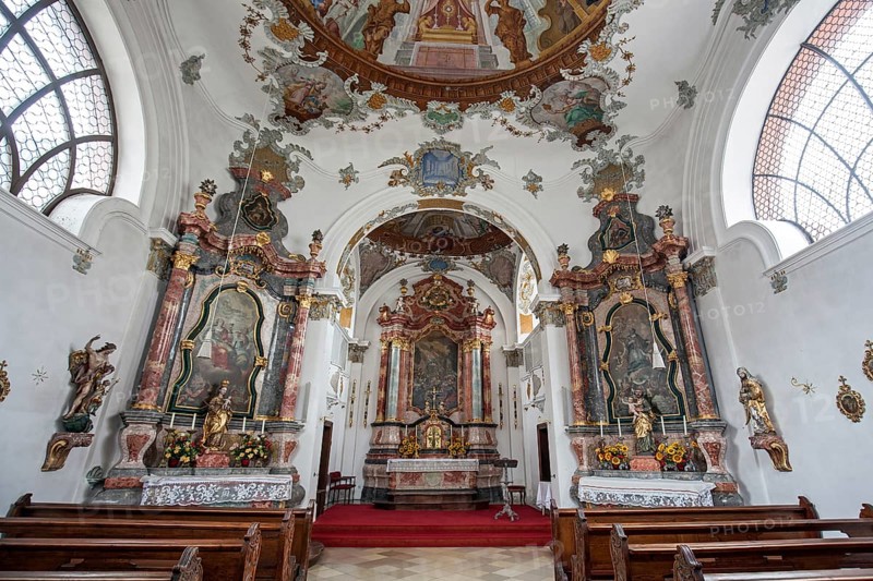 Church, baroque basilica St. Mang, interior view, side altar, Füssen, Ostallgäu, Bavaria Germany