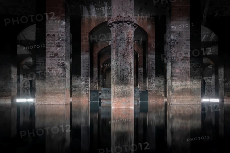 Illuminated underground water reservoir with brick vault, today Museum Cistern, Cisterns in Søndermarken, Frederiksberg Park, Copenhagen, Denmark, Europe
