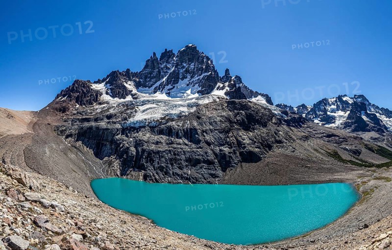 Panorama of mountain Cerro Castillo, view over lagoon, glacier and peak Cerro Castillo, nature reserve Cerro Castillo, Reserva Nacional Cerro Castillo, Aysen region, Patagonia, Chile, South America