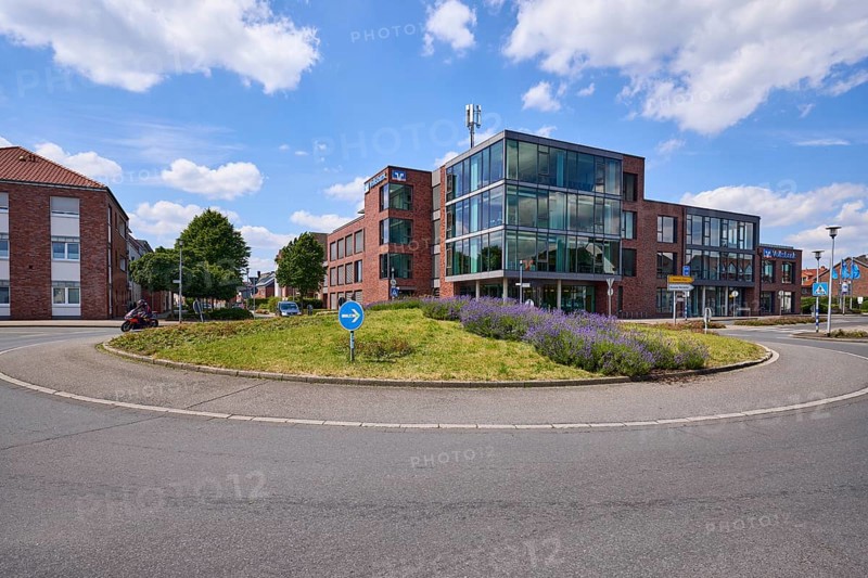 Roundabout with main branch Haltern of Volksbank Westmünsterland eG in Haltern am See, Ruhr area, Recklinghausen district, North Rhine-Westphalia, Germany, Europe