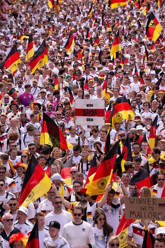 Fan march, German football fans march to the quarter-final Spain versus Germany, UEFA EURO 2024, European Championship, flags, sea of flags, atmosphere, atmospheric, VfB Stuttgart sign, DFB fan club, German Football Association, B14, Cannstatter Straße, Stuttgart, Baden-Württemberg, Germany, Europe