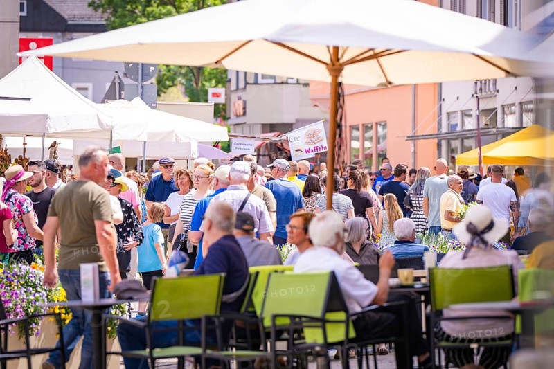 A lively market square in summer with many people sitting or walking under parasols, garden fair and ceramics, Nagold, Black Forest, Germany, Europe