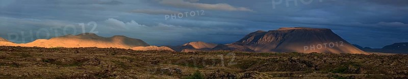 Large lava field and volcanic crater in the midnight sun, clouds, mood, panorama, Burfellshraun, Myvatn, North Iceland, Iceland, Europe