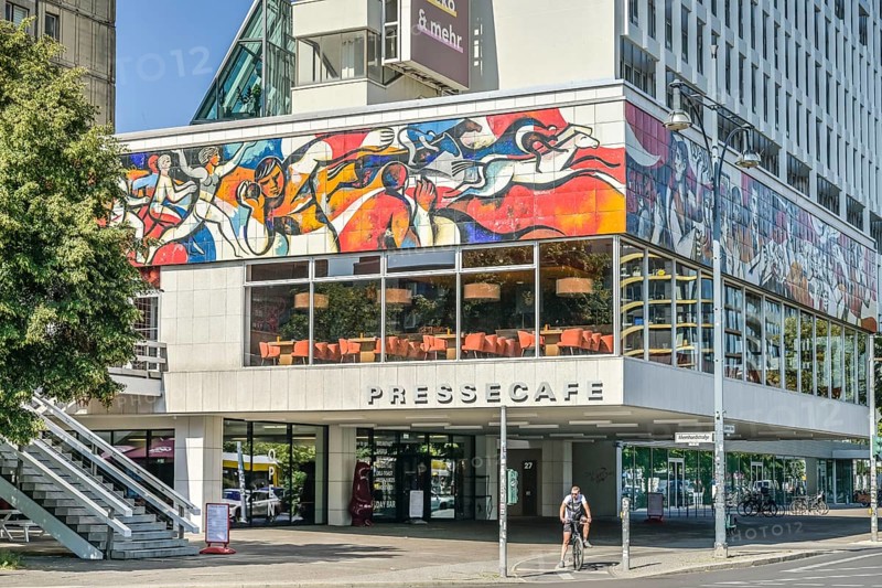 Press Café on Alexanderplatz, façade frieze, colourful enamel tiles, Die Presse as organiser by Layla Fetzer, Karl-Liebknecht-Straße, Mitte, Berlin, Germany, Europe