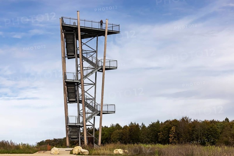 Heidengrabenturm on the Swabian Alb. The observation tower offers a view of the fortifications of the former Celtic settlement. Erkenbrechtsweiler, Baden-Württemberg, Germany, Europe