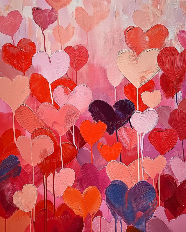 A vibrant abstract painting featuring various shades of red and pink hearts against a soft textured background. Perfect for themes of love, romance, and Valentine Day, AI generated