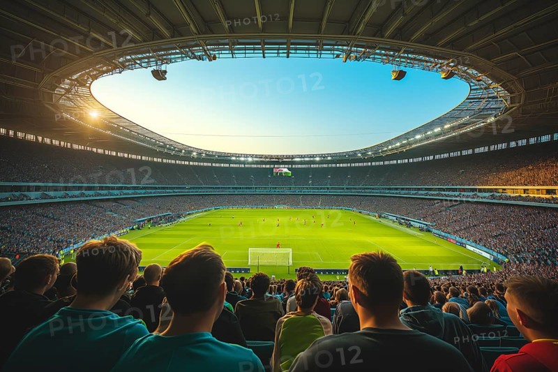 A soccer field with a large crowd of people spectators fans watching the game view. The stadium is lit up with bright flood spotlights ready for a match game, AI generated