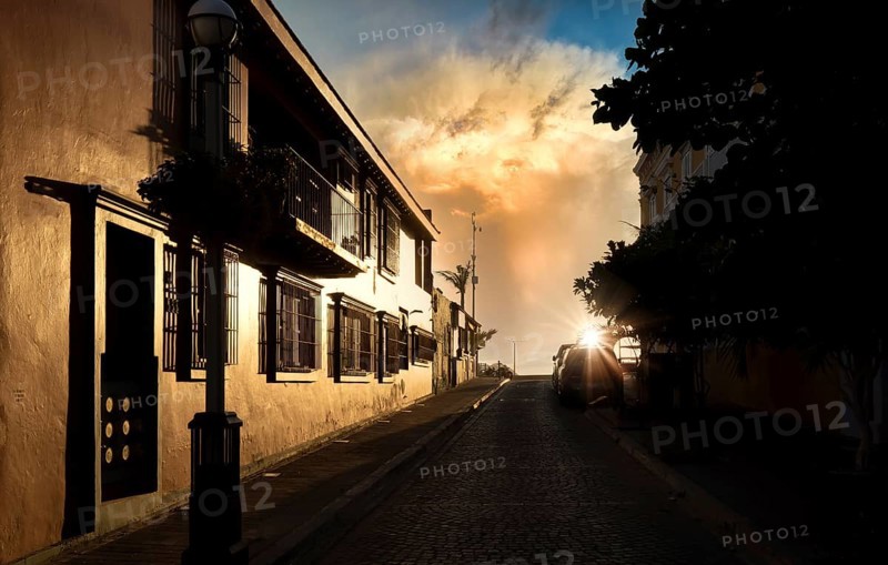 Mexico, Mazatlan, Colorful old city streets in historic city center near El Malecon and ocean shore, Central America