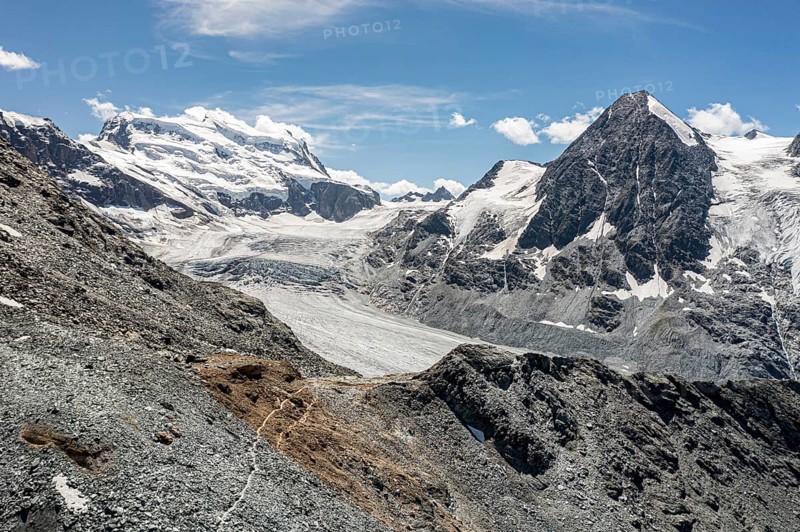 Glacial stream below mountain Combin de Corbassière, west of lake Mauvoisin, Valais, Switzerland, Europe