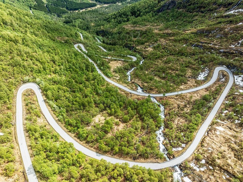 Serpentines of the Gaularfjell mountain crossing, aerial view, national tourist route north of Balestrand, Norway, Europe