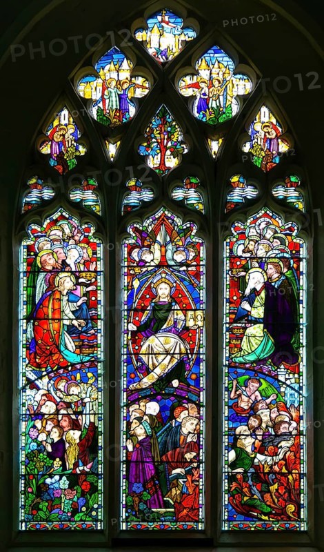 Stained glass window depicting Jesus Christ in Majesty, church of Saint Mary, Kempsford, Gloucestershire, England, UK by Heaton, Butler and Bayne 1866