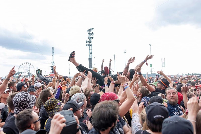 Adenau, Germany, 8 June 2024: Crowdsurfing while Electric Callboy play at Rock am Ring. The festival takes place at the Nürburgring race track near the town of Adenau from 7 - 9 June 2024, Europe