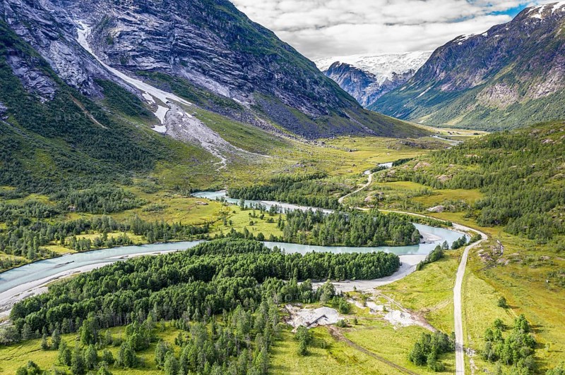 Aerial view of the road from Hafslo to valley Langedalen where Jostedalsbreen glacier stretches into the valley, Sognefjord region, Norway, Europe