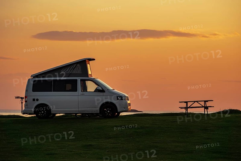 Camper van at the coast, sunset, campsite Fidden, Isle of Mull, Scotland, UK