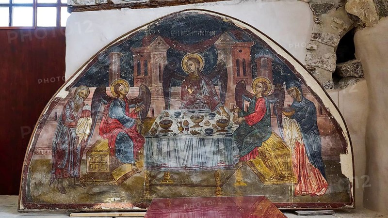 Fresco depicting the Last Supper with Jesus Christ and the Apostles, in a historic church, Inside the monastery, Agiou Theologou Monastery, Chora, Patmos, Dodecanese, Greek Islands, Greece, Europe