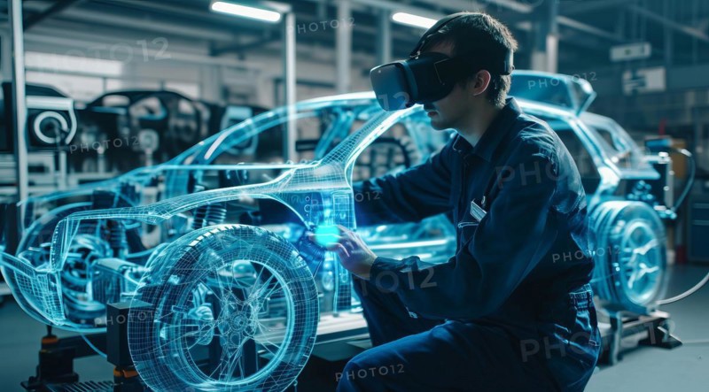 Team of engineers, visualization of future vehicle prototype 3D modeling in car production factory, AI generated