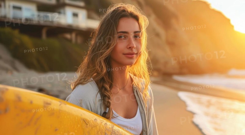 Fit and handsome female surfer holding a surfboard on ocean shore. Vacation and travel lifestyle, AI generated