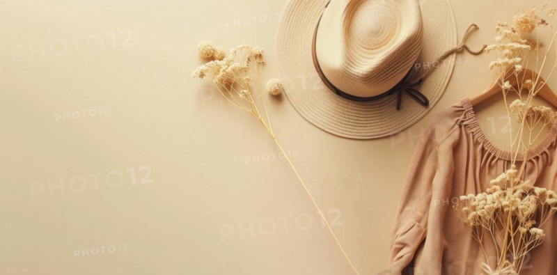 Stylish fashion vacation accessories in flat lay for vacation on beach in warm countries, AI generated