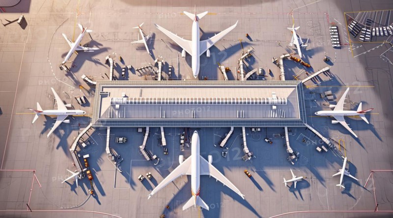 Aerial view international airport terminal, planes departing to multiple international locations, AI generated