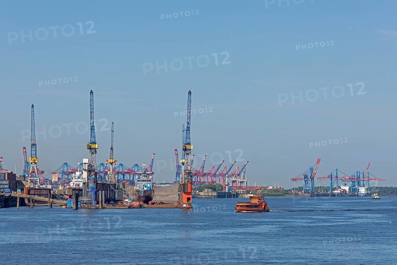 Ferry, Blohm & Voss shipyard, Burchardkai container terminal, Norderelbe, Hamburg, Germany, Europe