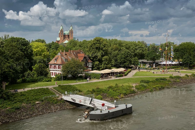 Beer garden on the Rhine and imperial cathedral, St Mary's and St Stephen's Cathedral, UNESCO World Heritage Site, Speyer, Rhineland-Palatinate, Germany, Europe