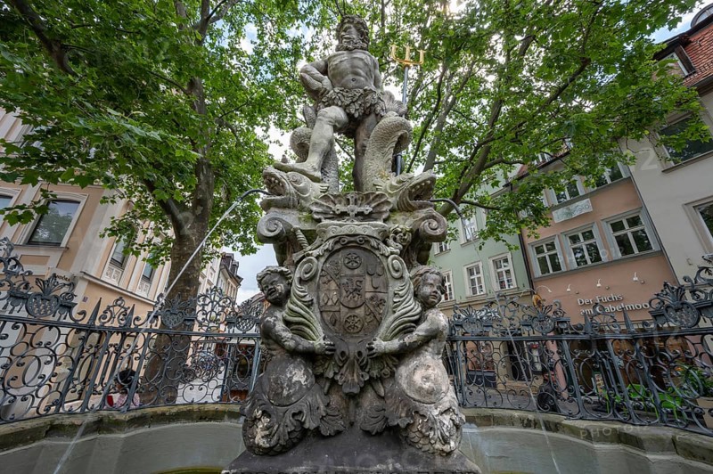 Neptune fountain, called Gabelmoo, with coat of arms, newly erected in 1697, Grüner Markt, Bamberg, Upper Franconia, Bavaria, Germany, Europe