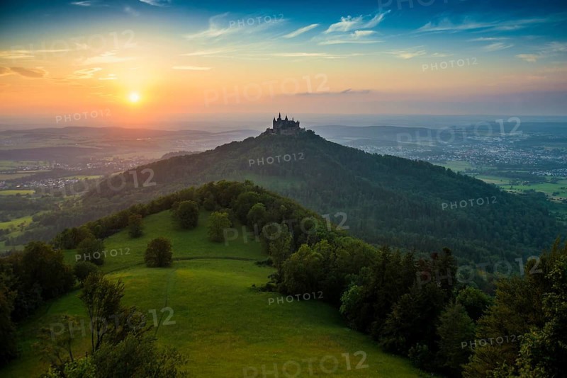 Hohenzollern Castle, sunset, Hechingen, Swabian Alb, Baden-Württemberg, Germany, Europe