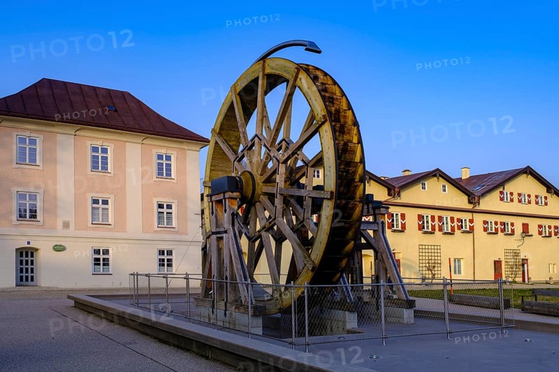 Water wheel, Salinenpark, Traunstein, Chiemgau, Upper Bavaria, Bavaria, Germany, Europe