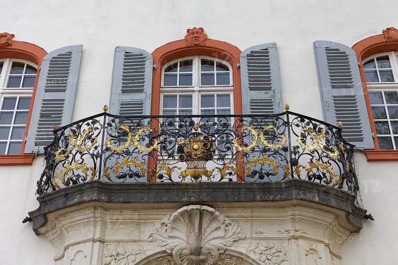 Bürgeln Castle, balcony on the west façade, rococo decoration, Schliengen, Markgräflerland, Black Forest, Baden-Württemberg, Germany, Europe