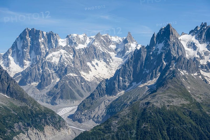 Mountain landscape with mountain peak Grandes Jorasses and glacier Mer de Glace, Mont Blanc massif, Chamonix-Mont-Blanc, Haute-Savoie, France, Europe
