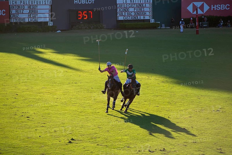 Scene from the 131st Argentine Open Polo Championship (Spanish: Campeonato Argentino Abierto de Polo), the most important international polo tournament, match between la Natividad (green) and Indios Chapaleufú Vista Energy (pink), on 23 November 2024, Palermo, Buenos Aires, Argentina, South America