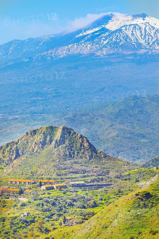 View of mount Etna from Castelmola village, Castelmola, Taormina, Sicily, Italy, Europe