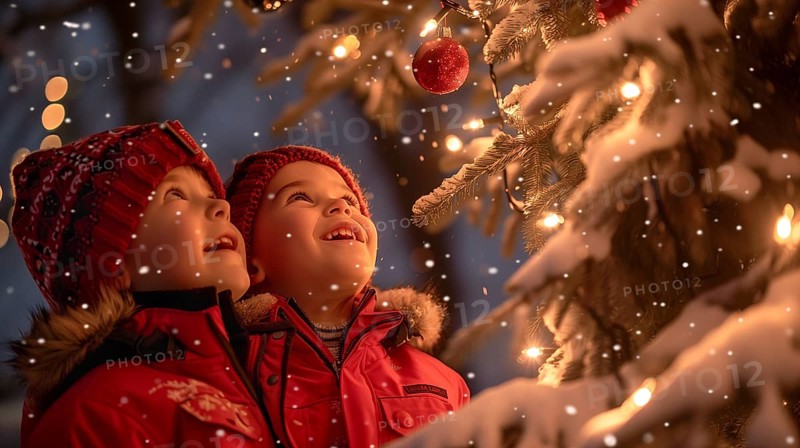 Warmly dressed happy children outside in the evening enjoying the christmas decorations in their town. generative AI., AI generated