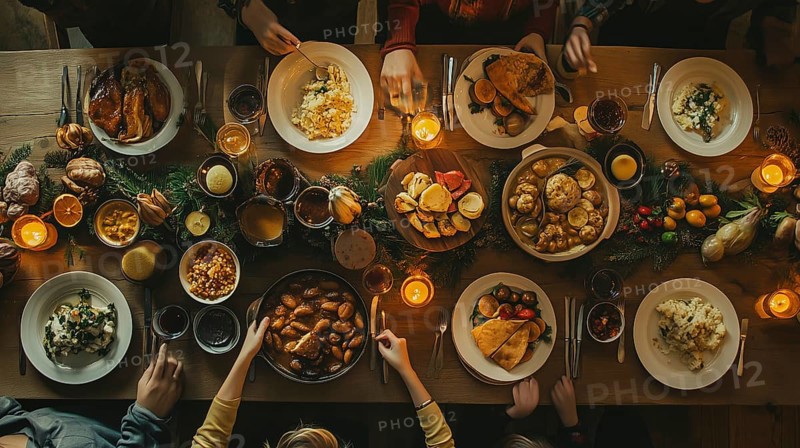 Directly overhead family and friends enjoy A delicious variety of holiday food at the table. generative AI., AI generated