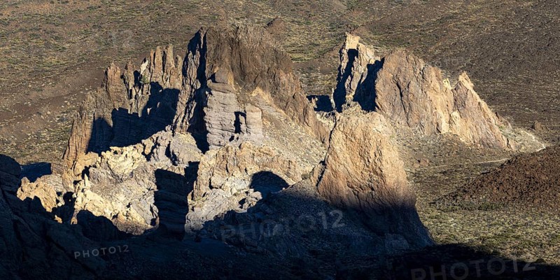 Panorama during the ascent to the Alto de Guajara, 2715m, to the bizarrely shaped towers of volcanic rock, Roques de García, at sunrise, Teide National Park, Parque Nacional del Teide, Tenerife, Canary Islands, Spain, Europe
