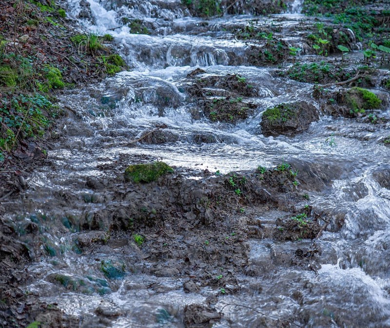 Waterfall of a stream in spring, Thuisbrunn, Upper Franconia, Bavaria, Germany, Europe