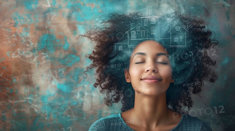 Smiling young african american woman daydreaming with her eyes closed visualizing A new house. generative AI., AI generated