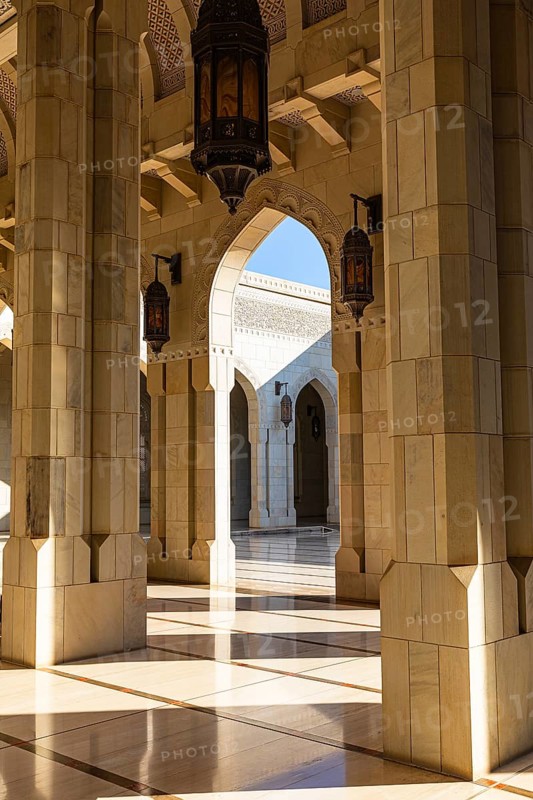 Arcades in the Sultan Qaboos Mosque, Muscat, Arabian Peninsula, Sultanate of Oman