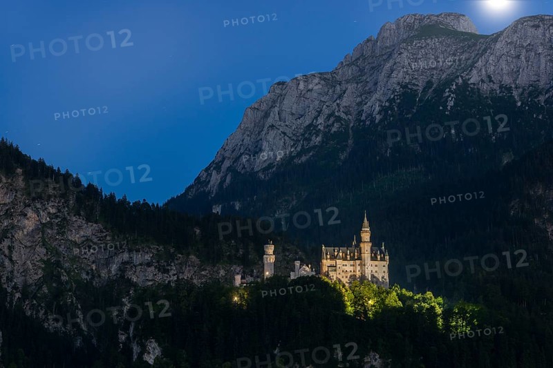 Neuschwanstein Castle in the mountains at night under a clear sky with moonlight, romantic, Schwangau, Ostallgäu, Allgäu, Swabia, Upper Bavaria, Bavaria, Germany, Europe