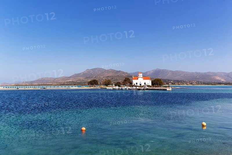 Small church Spiridon, island at the harbour entrance with bridge for access, Elafonisos, Deer Island, Laconia, Peloponnese, Ionian Islands, Ionian Sea, Greece, Europe