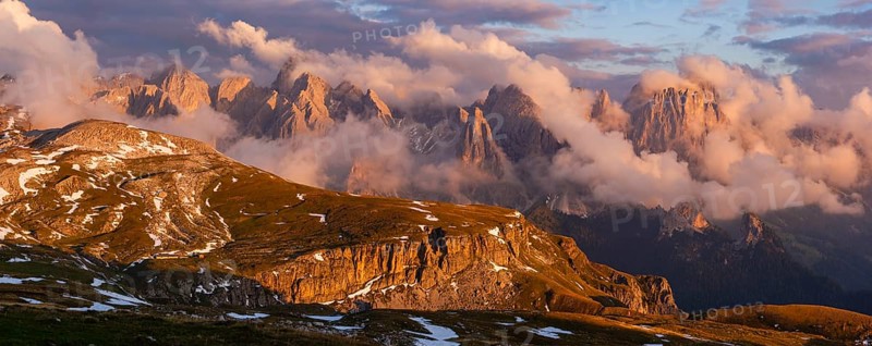Panorama shot, rose garden group in clouds at evening light, Schlern, Dolomites, South Tyrol, Italy, Europe