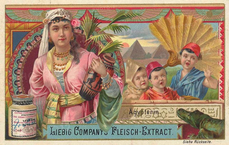 Picture series Women of the World, Woman from Egypt, Egyptian woman, Liebig picture, digitally restored reproduction of a collector's picture from ca 1900, public domain, exact date unknown, Egyptian woman with vase, children and an exotic scenery with pyramids in the background