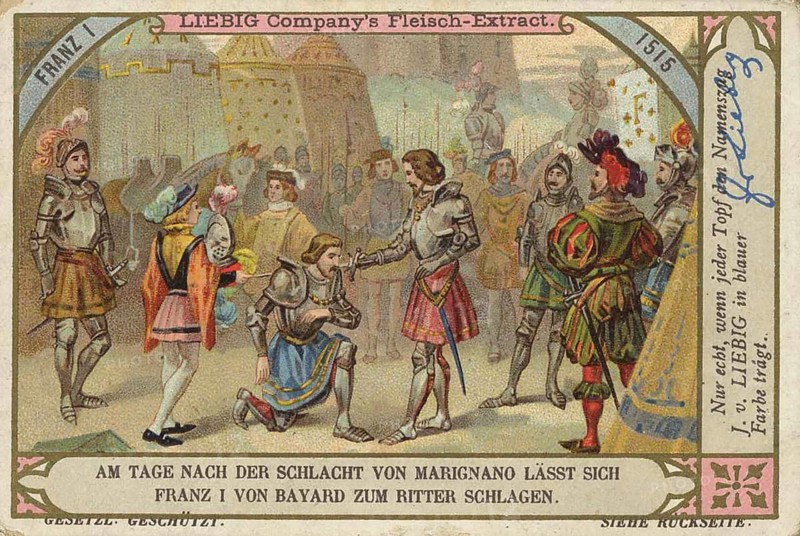 Picture series Kings, Francis I, 1515, on the day after the Battle of Marignano Francis of Bayard is knighted, Liebig picture, digitally restored reproduction of a collector's picture from around 1900, public domain, exact date unknown, Francis I is ceremonially knighted after the Battle of Marignano
