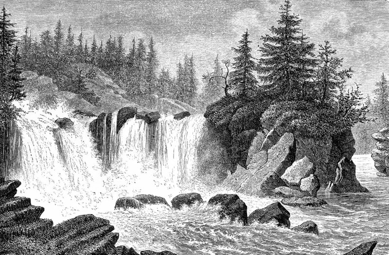 Traunfall waterfall near Gmunden an der Traun, wild natural spectacle, rocks, fir landscape, Salzkammergut, Austria, historical illustration 1882, Europe