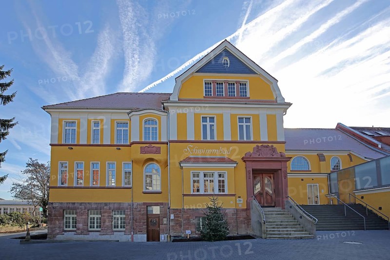 Theatre Old indoor swimming pool in Art Nouveau style with staircase and entrance, swimming pool, yellow, inscription, Friedberg, Wetterau, Hesse, Germany, Europe