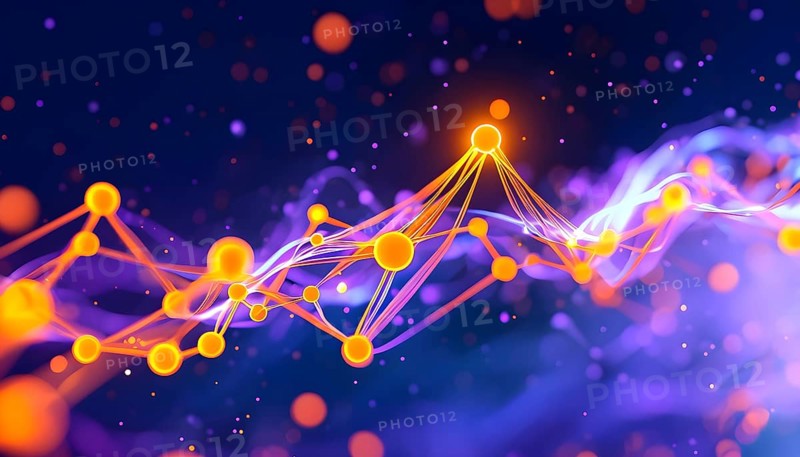 Flowing neural network, with glowing nodes connecting and disconnecting in a smooth and rhythmic pattern, vibrant hues, AI generated