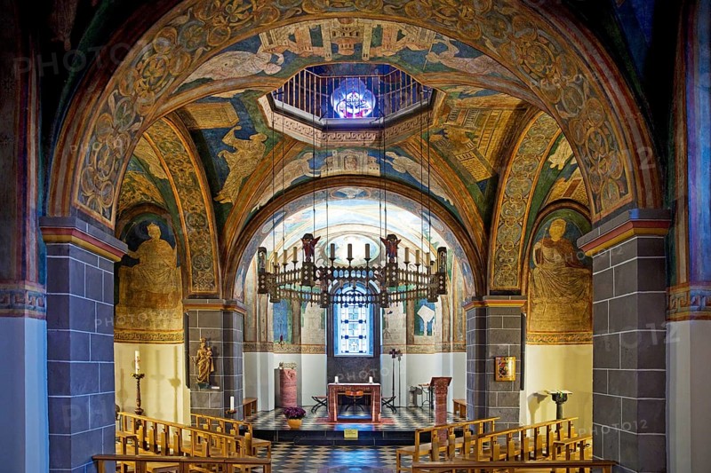 St. Maria and Clemens, Romanesque double church, lower church, view into the choir with ceiling paintings, Bonn, North Rhine-Westphalia, Germany, Europe