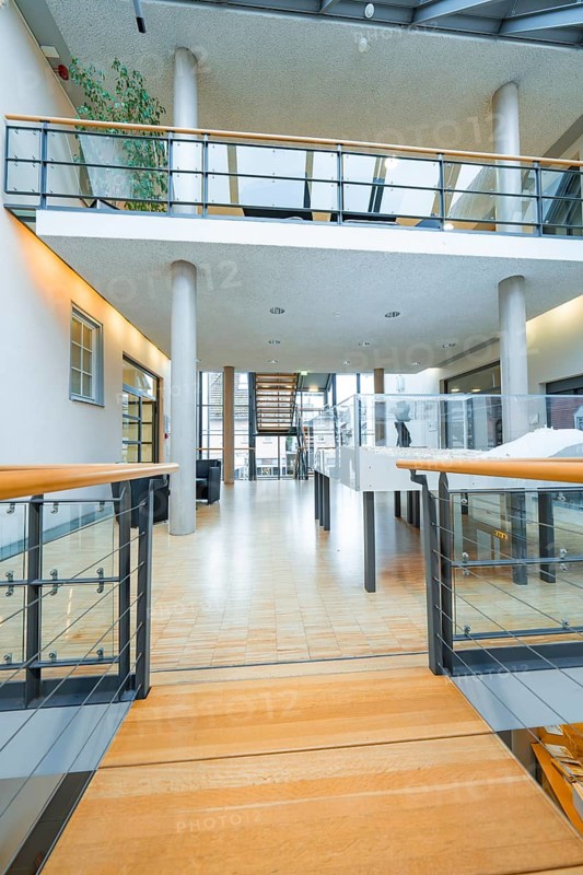 Open interior with modern architecture and glass railings, Nagold Town Hall, Black Forest, Germany, Europe