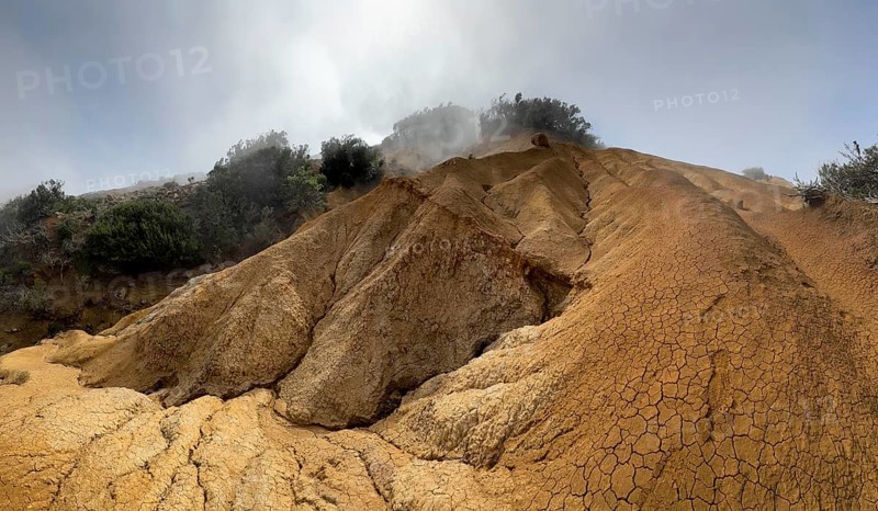 Clouds of fog, yellow earth, erosion, near Arguamul, La Gomera, Canary Islands, Spain, Europe